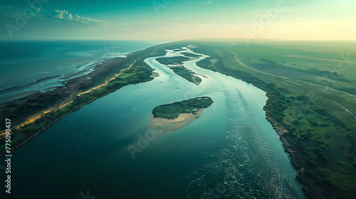 An aerial view of a winding river delta emptying into the ocean