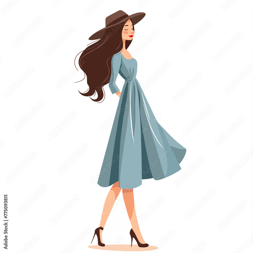 Fashionable young woman in a blue dress and hat. Vector illustration Fashionable young woman in a blue dress and hat. Vector illustration