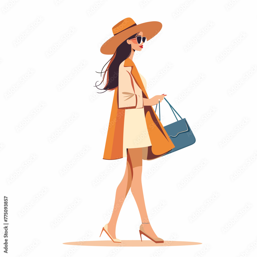 Fashionable young woman in hat and coat walking with shopping bag. Vector illustration