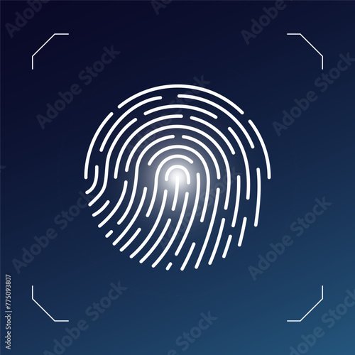 User finger scan icon. Fingerprint touch biometric id symbol. Modern account thumbprint identification security sign. User recognition scanner badge. Glowing linear vector eps logo