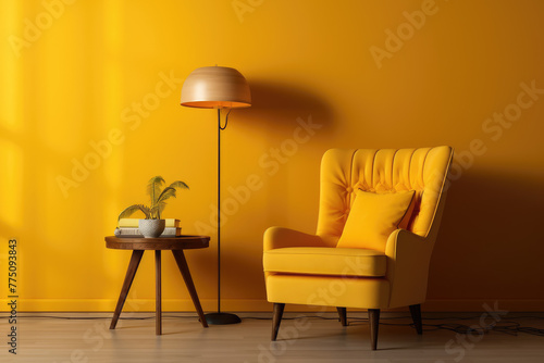 Tufted armchair and coffee table with lamp near yellow wall. Interior design of modern living room photo