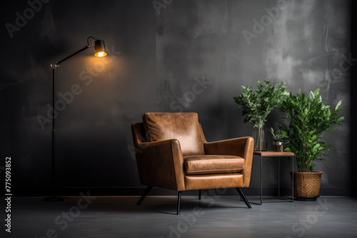 Style loft interior with leather armchair on dark cement wall photo
