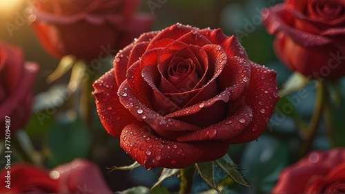 Red rose flowers in drops of dew at sunset

 photo