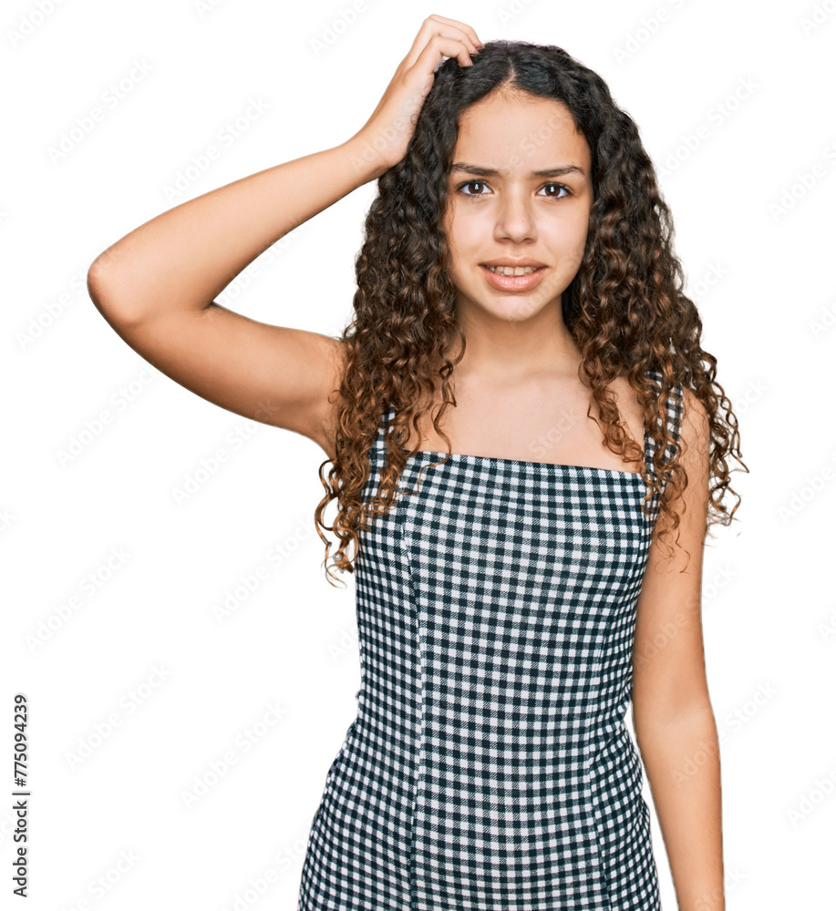 Teenager hispanic girl wearing casual clothes confuse and wonder about question. uncertain with doubt, thinking with hand on head. pensive concept. Teenager hispanic girl wearing casual clothes confuse and wonder about question. uncertain with doubt, thinking with hand on head. pensive concept.