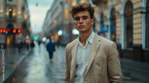 Men's in elegant beige suit, Look straight at the camera, 8k. blurred big street on the background photo
