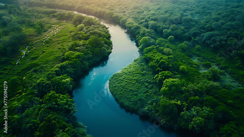 An aerial view of a winding river meandering through lush green forests