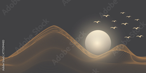 Photography Vector abstract art landscape mountain with birds and sunrise sunset by golden line art texture isolated on dark grey black background