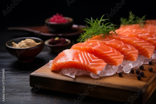 Delicious sashimi on a wooden board against a patterned gift wrap paper background