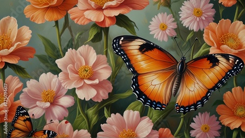 Vibrantly blooming peach-toned spring flowers contrast beautifully with a bright orange butterfly in this mesmerizing image.