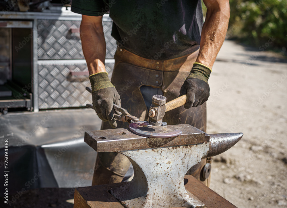 The farrier hammers the hot horseshoe on the anvil with a hammer on the farm in a sunny day. Horseshoeing. The farrier hammers the hot horseshoe on the anvil with a hammer on the farm in a sunny day. Horseshoeing.