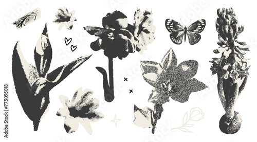 Trendy with a retro photocopy effect y2k elements for design. Black and white with grain effect tulip, spring flowers, narcissus, hyacinth, butterfly. Vector trendy design elements with dot texture.