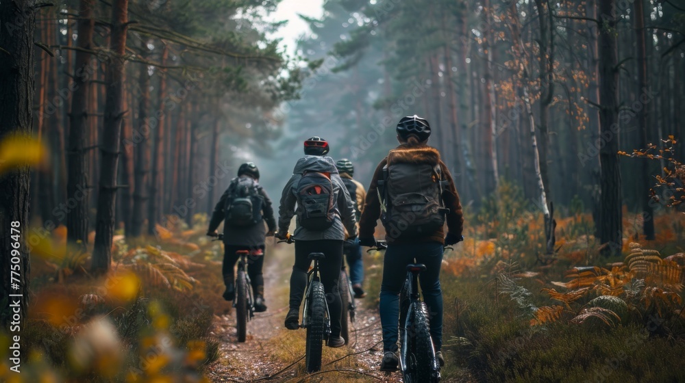 View of a group of friends riding bikes in the forest