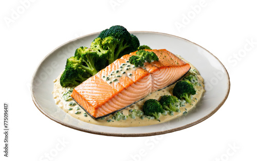 Salmon or trout fish baked with broccoli in cream sauce. Mediterranean food, steamed fish, keto diet and healthy vegetarian food. Png isolated on transparent background, clipart