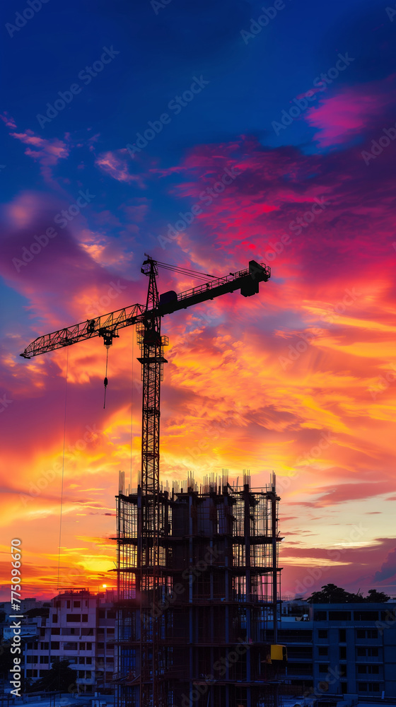 Fototapeta premium A towering construction crane stands silhouetted against a breathtaking sunset sky, its intricate structure framed by the vibrant colors of the evening clouds