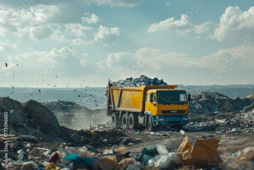 Garbage truck actively unloading waste at a sprawling landfill site under a clear sky photo