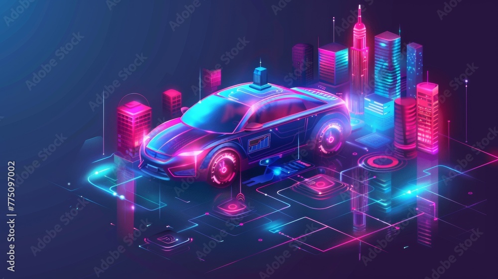 Smart car wireless network connection with smart city. Smart vehicle and automotive technology. City infrastructure icons. Taxi Future concept. Modern illustration.