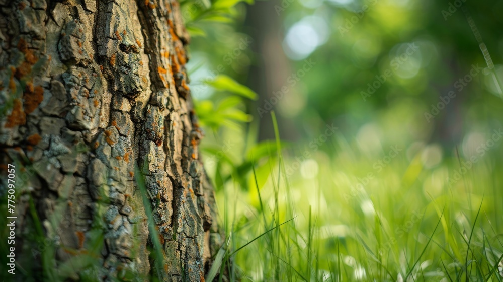 A close-up of the textured bark of a tree in a lush green meadow