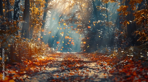 Autumn leaves ablaze with color along a forested pathway