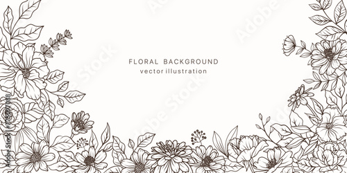 Flower line art background. Floral plant leaf frame design. Spring vintage bouquet luxury pattern. Vector illustration nature summer card