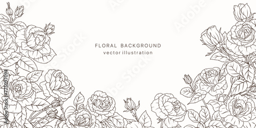 Luxury rose flower line art background. Floral plant leaf frame design card. Summer vintage bouquet luxury pattern. Vector illustration nature spring wedging card