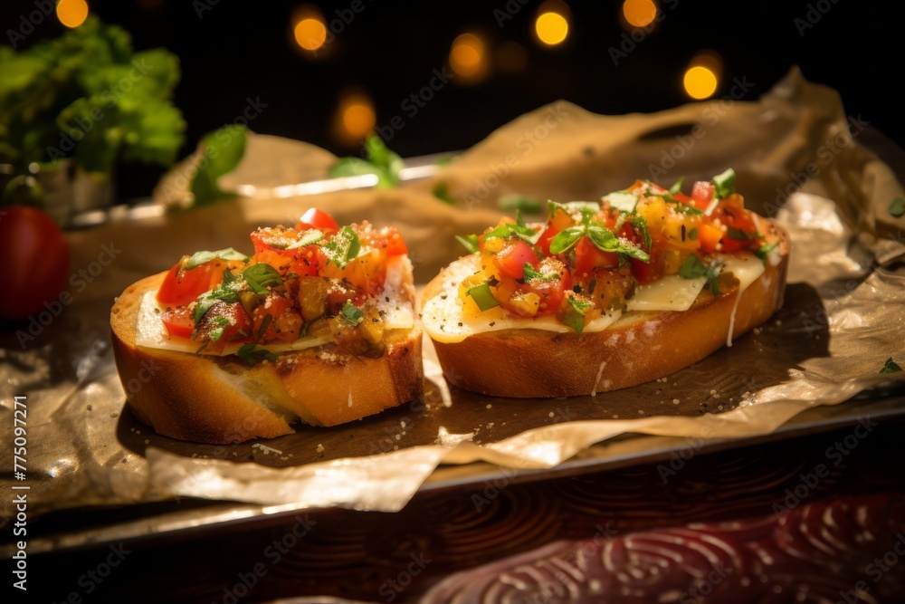 Juicy bruschetta on a plastic tray against a patterned gift wrap paper background Juicy bruschetta on a plastic tray against a patterned gift wrap paper background