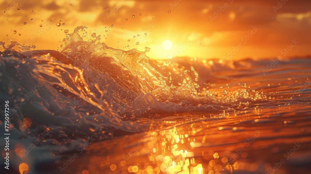Golden sunset  ocean waves in motion, glistening droplets and sea foam with realistic textures