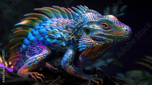 A colorful dragon with a blue eye and a long tail