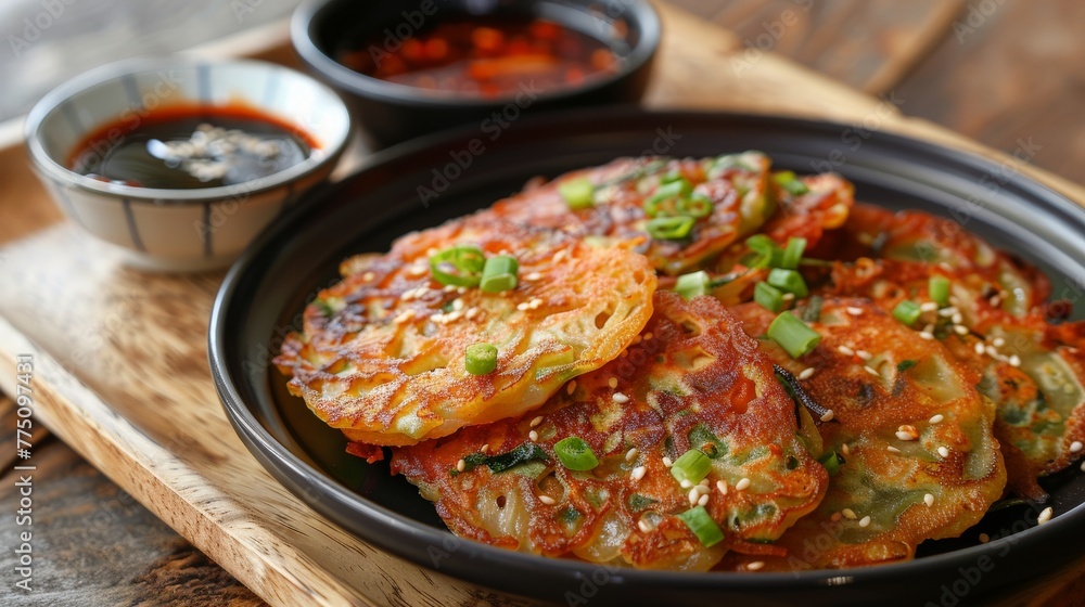 Potato pancakes with soy sauce on plate on wooden table Potato pancakes with soy sauce on plate on wooden table