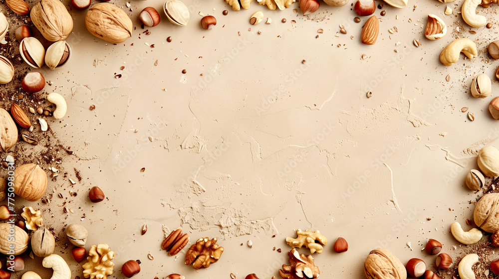 Obraz premium Background with nuts on a table, top view.