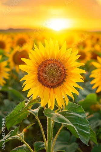 A panoramic view of a sunflower field at sunrise  with dew sparkling on the leaves and the warm light illuminating