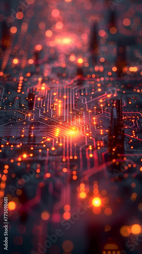 Circuit board with running data by a glowing lines ,Image of technology circuit over black background. global technology and digital interface concept digitally 