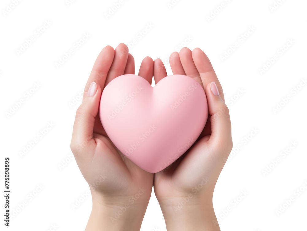 Close up hands holding a pink heart isolated on transparent background, PNG available