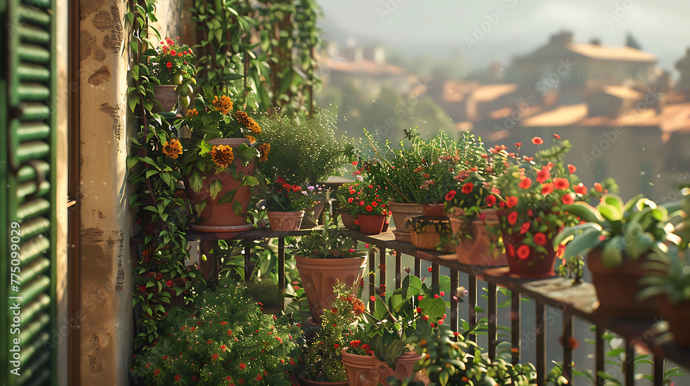 A balcony garden overflowing with herbs and potted plants