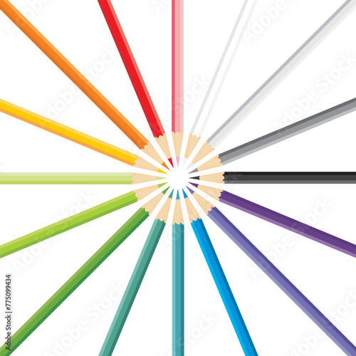 A set of simple color vector pencils pointing to the center, isolated on white background
