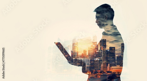 Business man is using laptop for work, double exposure effect