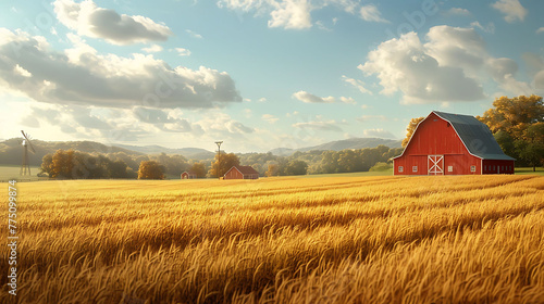 A bucolic farmland scene with golden fields of wheat stretching to the horizon  punctuated by red barns and windmills