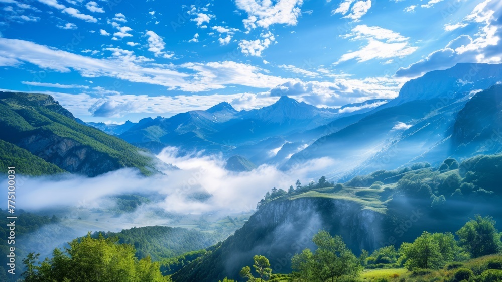 Breathtaking mountain landscape with mist - Serene and majestic, this landscape captures a mountain range with mist settling in the valleys at sunrise