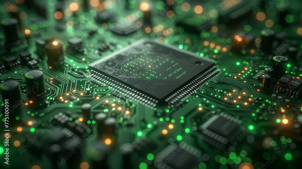 Background with dark-green-toned electronic boards and CPUs... - obrazy, fototapety, plakaty 