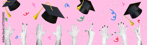 Horizontal banner on the graduation theme in retro collage style. Hands with a halftone effect throw graduation hats into the air. Happy graduation day.