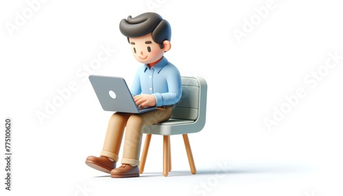 3D illustration of a man sitting on a chair and working on a laptop, with a light blue shirt and beige pants, in a simple, modern style.