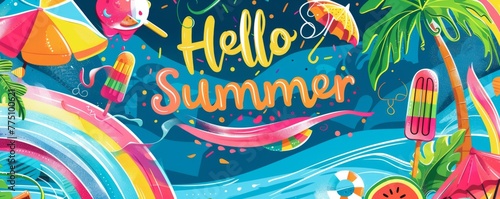 vibrant summer-themed banner with bright colors and fun illustrations, featuring elements like palm trees, ice cream popsicles, the text "Hello Summer" is prominently displayed Generative AI