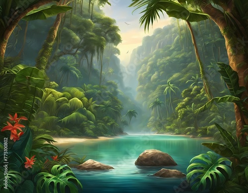 Background in style - Jungle with tropical river: amazing natural world. Generative AI, Generative, AI