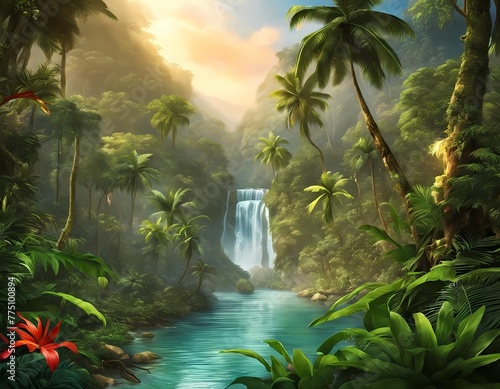 Background in style - Jungle with tropical river: amazing natural world. Generative AI, Generative, AI