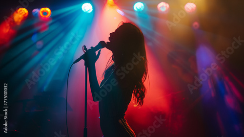 A woman singing passionately on stage with vibrant stage lights illuminating her.