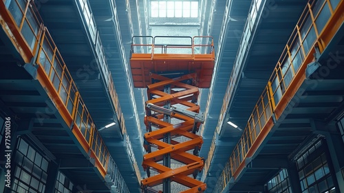 A scissor lift platform in action, the lift being used for accessing high. Generative AI. photo