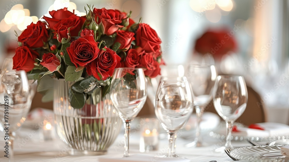 An event space, tables will have white linen, crystal chargers, crystal candle sticks and vases of red roses. Generative AI. An event space, tables will have white linen, crystal chargers, crystal candle sticks and vases of red roses. Generative AI.
