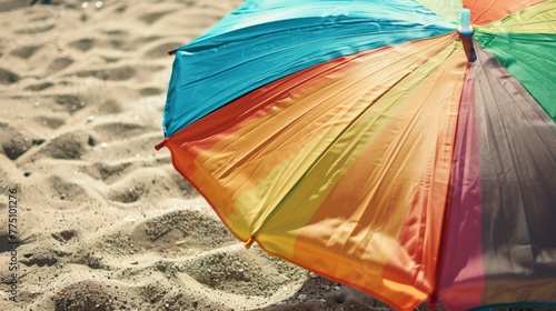 Close-up of a colorful beach umbrella casting a cool patch of shade on the hot sand © ktianngoen0128