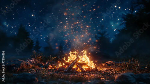 A campfire burning brightly under a canopy of stars