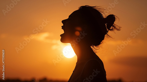 A silhouette of a woman singing against a sunset backdrop, her voice echoing through the empty space
