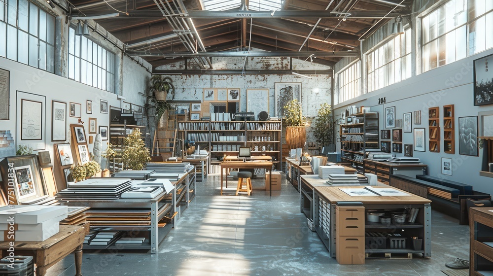 A two-floor loft-style print shop. The upper floor is a creative workspace, filled with wooden worktables for collaboration, surrounded by design tech. Generative AI.